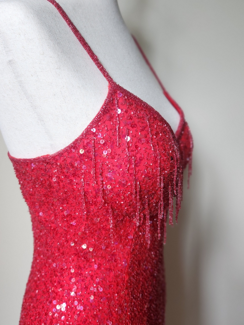 Vintage 1990s Scala Red Silk Beaded Sequin Fringe Maxi Gown Made in India M - Picture 5 of 15